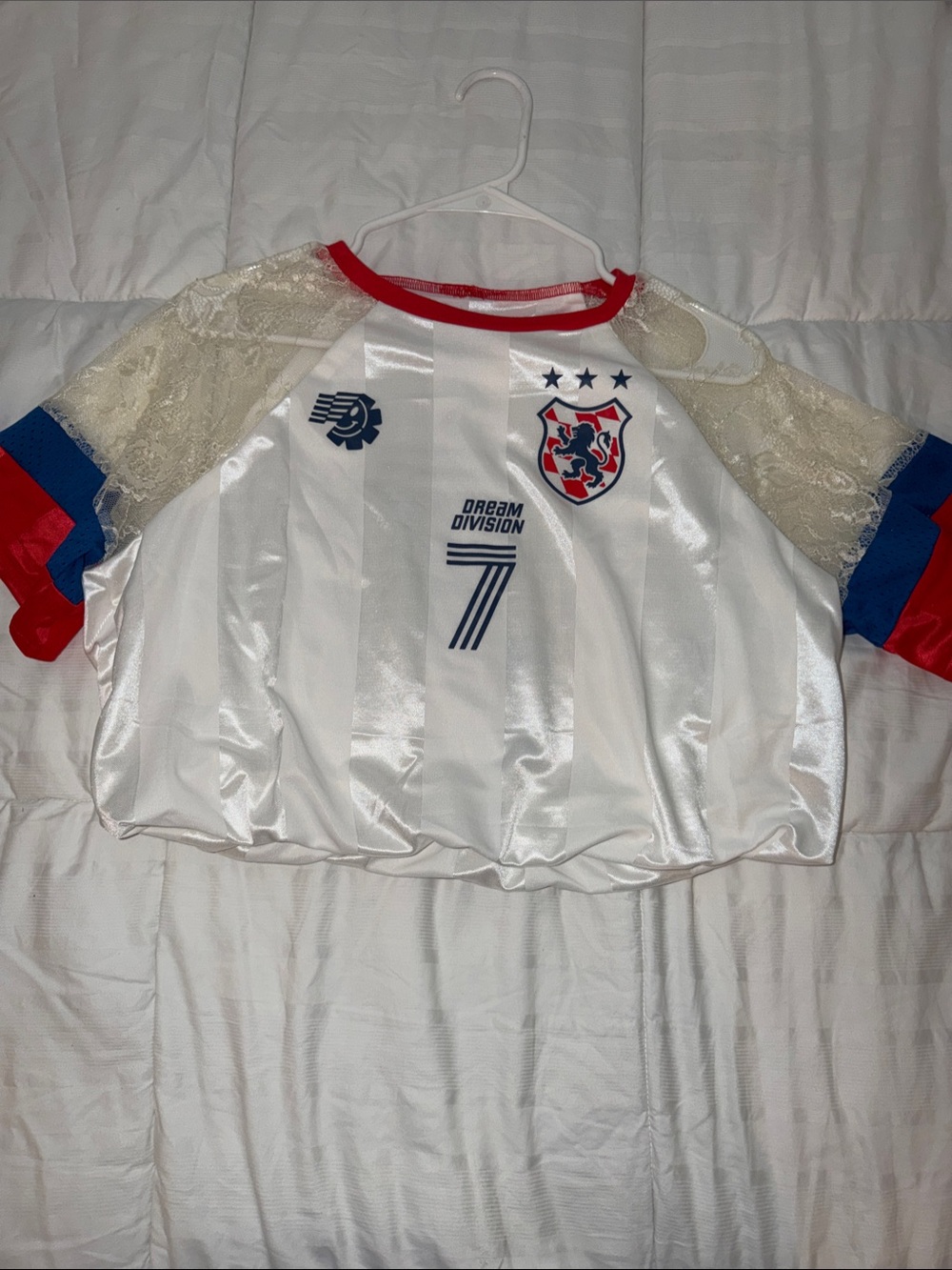 BDG White Satin Soccer-Style Tee with Red & Blue Accents